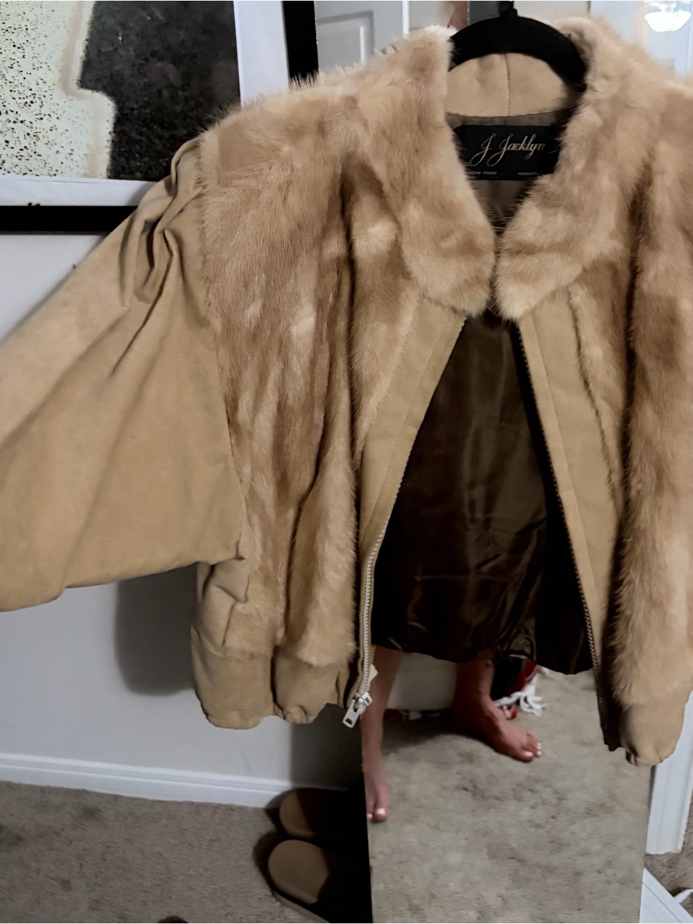 Beige Mink Fur Suede-Trim Bomber Jacket